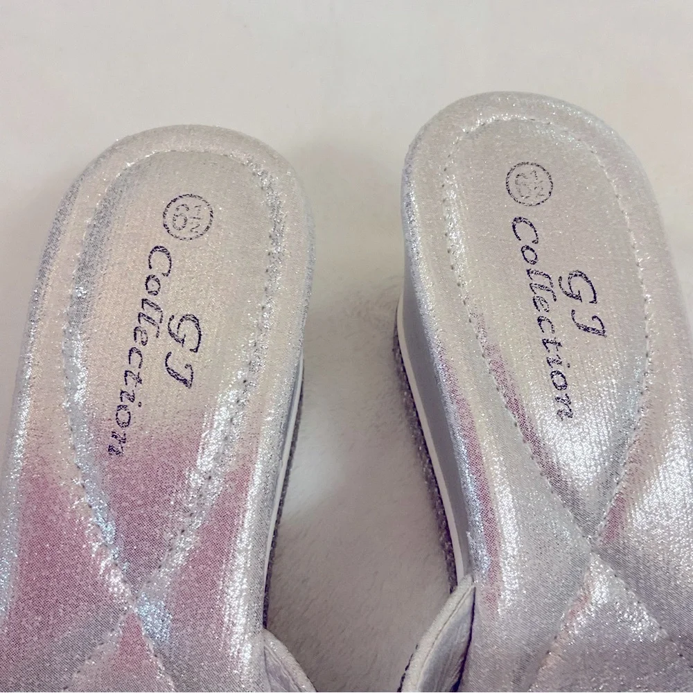 GJ Collection Silver Rhinestone Wedge Sandals Size 6.5 NWOT